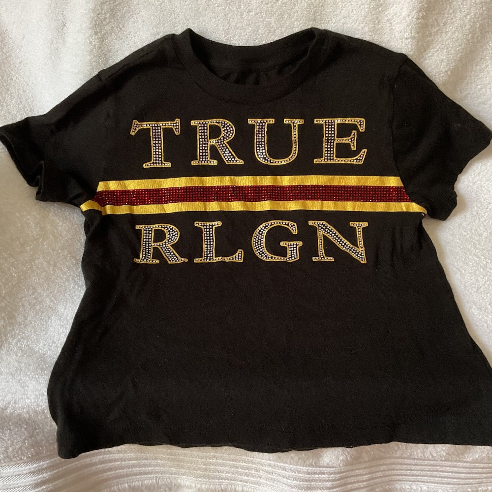 True Religion World Tour Fitted Baby Tee Black Rhinestone Logo size XXS - Picture 3 of 8